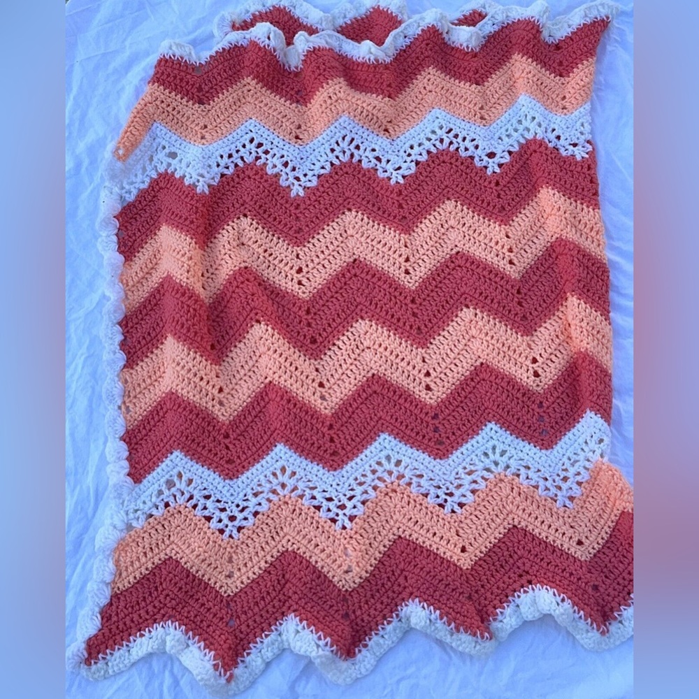 Vintage Crochet Throw Blanket Knit Handmade Multicolor Chevron 72” x 44”